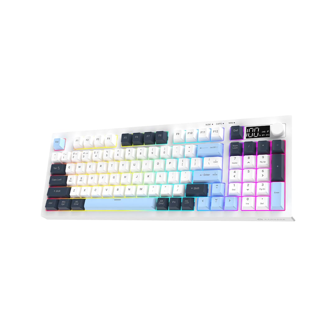 KARNAGE by EVM Visage-95 Wireless RGB Gaming Keyboard | 95-Key Mecha-Membrane | Triple Mode BT 5.0/3.0 + 2.4G + Wired | Numpad, Volume Knob & Display | Win/Mac | 19-Key Anti-Ghosting | White Blue-image-12