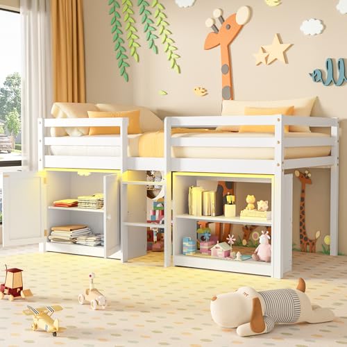 TOLEAD Kids Loft Bed, Twin Loft Bed with Lights, Toddler Loft Bed with 14' H Safety Guardrail, Low...