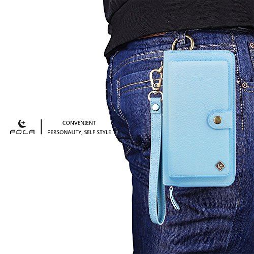 iPhone 7 Plus Wallet Case - JAZ Zipper Purse Detachable Magnetic14 Card Slots Money Pocket Clutch Leather Wallet Case for Apple iPhone 8 Plus/iPhone 7 Plus Sky Blue