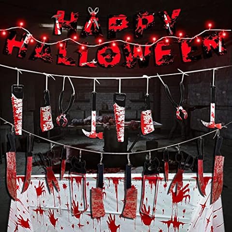 Halloween Deko Horror Set, Blutige Tischdecke + Halloween Banner Deko + 12 Stück Blutige Messer + Blutiges Werkzeugset + Scharlachrote Lichterketten Cover