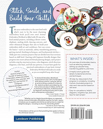 Animal Embroidery Workbook: Step-by-Step Techniques & Patterns for 30 Cute Critters & More (Landauer) Designs include Foxes, Sloths, Hedgehogs, Giraffes, Cats, Chickadees, Pandas, Bees, Flowers & More - Image 2