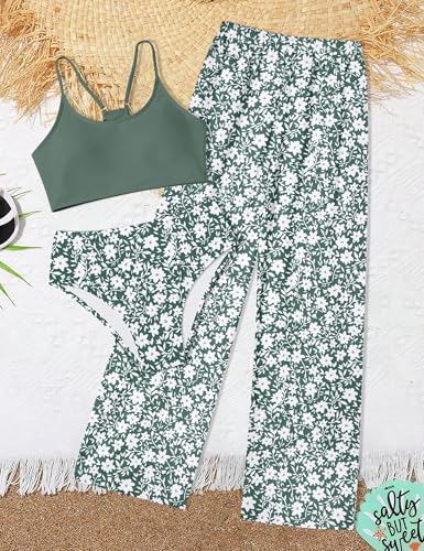 Image of NECIOUS Girls Swimsuit Size 8-10 Cute Bikini Sets Kids Girls Bathing Suit Swim Green Floral Adjustable Strap 3 Piece Swimwear with Cover Up Pants