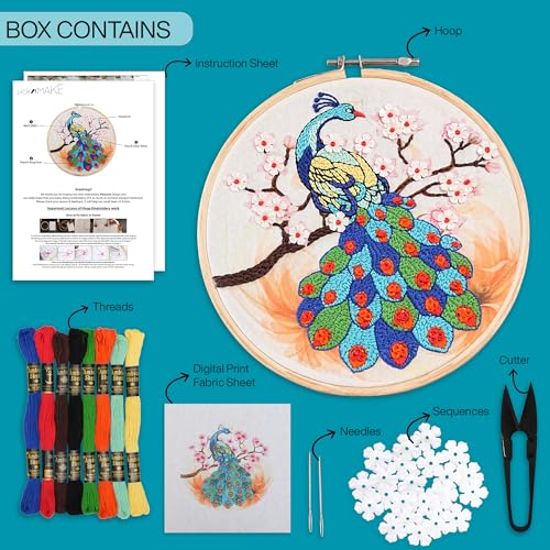 Image of picknMAKE Colorful Majestic Peacock Hand Embroidery Kit for Beginners, Adults & Kids - Digital Printed Fabric, Threads, Needles, Floral Sequins & Instructions - DIY Embroidery Set