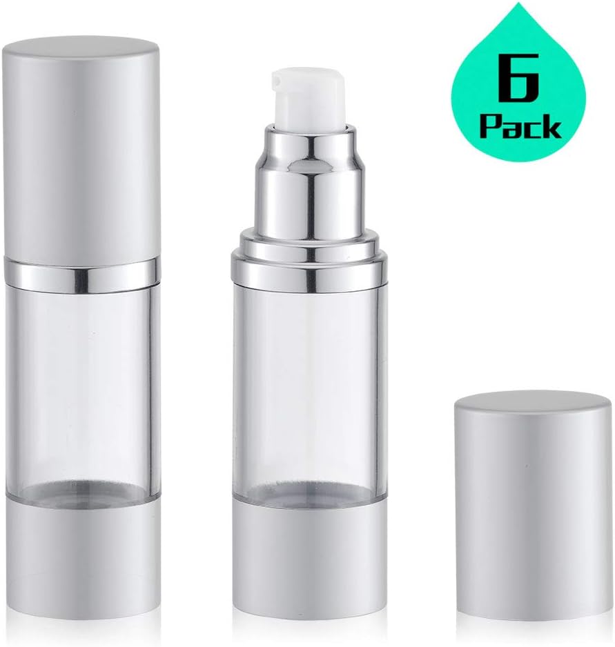 1 Oz Empty Silver Airless Pump Bottle | Travel Lotion Pump Container, Airless Dispenser - for Refillable Cosmetic Bottle, Foundation Pump BPA FREE (30ML, Pack of 6)
