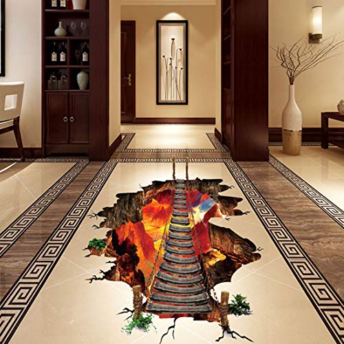 Sengter Self-Adhesive 3D Wall Art Volcano Suspension Bridge Wall Decals Flame Lava Wall Mural Waterproof Wallpaper Removable Blaze Floor Decor Wall Stickers For Living Room Bedroom School 2Pcs #TOP7