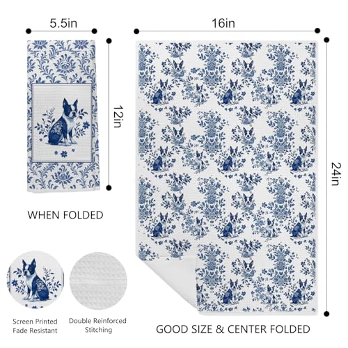 Image of Blue Chinoiserie French Bulldog Kitchen Towels, Frenchie Gifts Dish Tea Towels, Gifts for French Bulldog Lovers, Grandmillennial Toile Dog Decorative Hand Towel for Bathroom, 16x24 Inch Set of 3