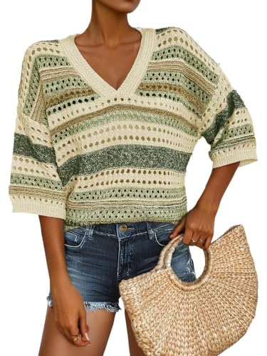 Image of Saodimallsu Womens Short Sleeve Sweaters V Neck Crochet Knit Striped Hollow Out Tops Beach Cruise Outfits