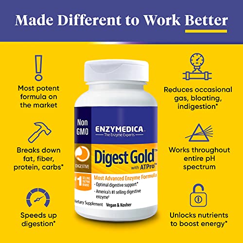 Enzymedica Digest Gold + Atpro, Maximum Strength Enzyme Formula, Prevents Bloating And Gas, 14 Key Enzymes Including Amylase, Protease, Lipase And Lactase, 45 Capsules #TOP4
