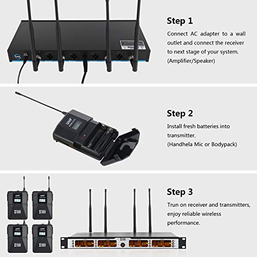 XTUGA SKM4000PLUS 4 x100 Channel UHF Wireless Bodypack Microphone System with Selectable Frequencies Prevent Interference, Use for Family Party, Church, Small Karaoke Night (Range:200-320Ft)