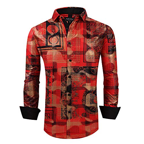 Alex Vando Mens Nightclub Printed Dress Shirts Non-Iron Regular Fit Button Down Party Men Shirt,2613 Burgundy,XXL