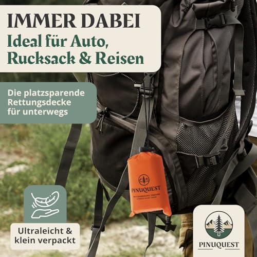 PINUQUEST Rettungsdecke 26 µm (2er-Set) - Extra Dicke & Robuste Erste Hilfe Decke, Notfalldecke für Outdoor, Survival, Camping, Wandern | Wasser- und Winddicht (210 × 160 cm) (Orange)