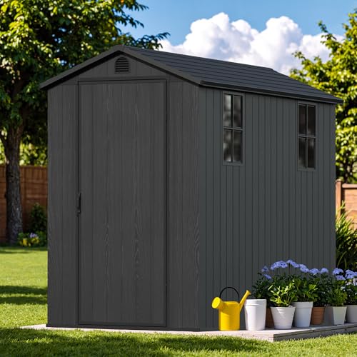 Image of Devoko 4x8 FT Resin Storage Shed with Floor, Garden Plastic Outdoor Shed with Window and Lockable Door, Waterproof Outside Tool shed for Backyard Patio, Dark Grey