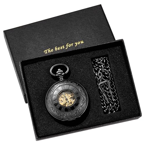 Image of Vintage Gold Double Sides Open Case Mechanical Men's Pocket Watch,Double Face Roman Dial Clock Hand Wind Pocket Watch for Men with FOB Chain