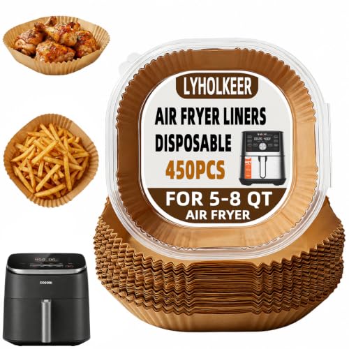 Image of 450 PCS Air Fryer Liners Disposable,Parchment Paper for 5-8 QT Air Fryer | 8 inch square air fryer liners | Non-stick & oil-proof | Heavy-duty & tear-resistant | Food-grade raw wood pulp
