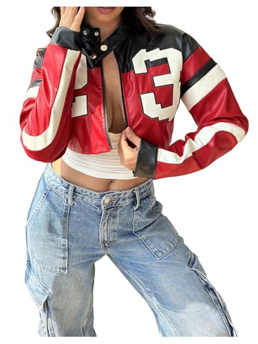 Verdusa Women's Motorcycle Color Block Bomber Jacket Zip Up Button Crop Leather Outerwear