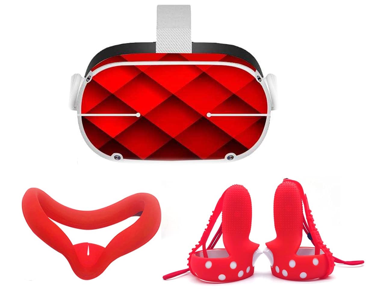 Clean VR Silicone Face Cover Pad for Oculus Quest 2 + Protective Touch Controller Grip Cover + Headset and Accessories Stickers | Light Blocking Sweatproof Washable AntiCollision Durable (Intense Red)