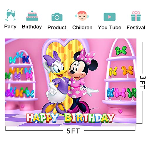 Cartoon Pink Backdrop For Party Supplies 5X3Ft Minnie Mouse And Daisy Duck Birthday Banner Baby Shower Photo Background For Kids Party Decorations Minnie Bowtique Photography Backdrop #TOP1