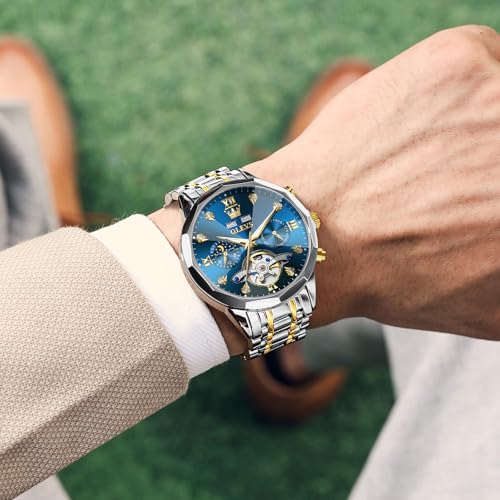 Image of OLEVS Men Automatic Watch Diamond Skeleton Mechanical Luxury Self Winding Moon Phase Calendar Waterproof Wrist Watch for Men