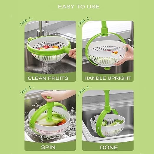 Image of Kitchen Salad Spinner with Rotating Drain Basket - Vegetable & Fruit Washer Dryer with Collapsible Handle