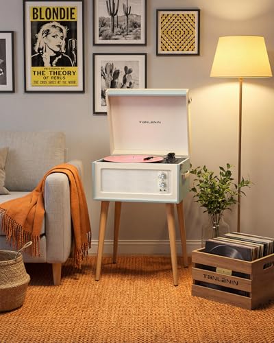 Image of Vintage Standing Blue Vinyl Record Player with Detachable Legs, Built-in 4 Speakers, USB to PC Encoding, 33 /45 /78 RPM LP Player Bluetooth Retro Turntables Support Headphone Jack, RCA Out, AUX in