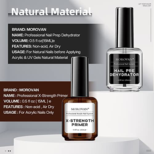 Morovan Nail Primer And Dehydrator For Acrylic Nails, Professional No Burn Fast Air Dry Nail Prep Dehydrator And X-Strength Primer Superior Natural, Acrylic Powder Application (0.5Fl Oz) #TOP5