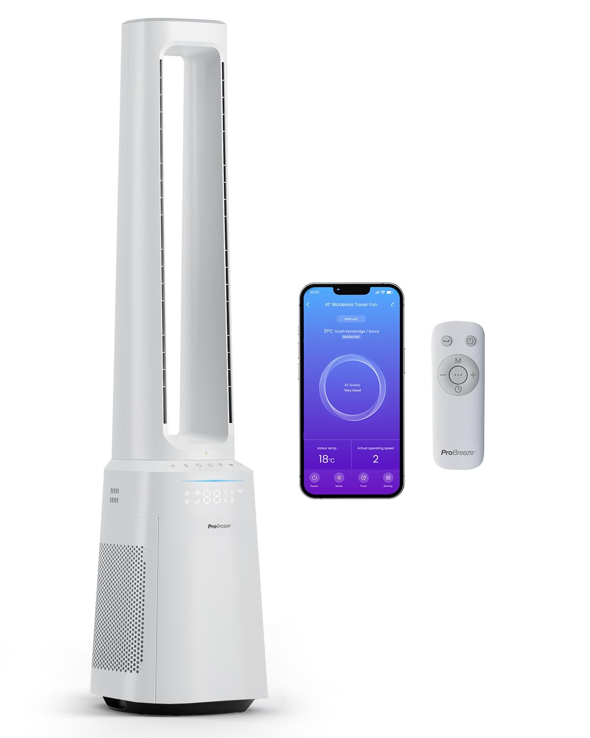 Pro Breeze OmniAir 105cm rotorloser Ventilator mit Luftreiniger - Smart Home Ventilator, WLAN, App, HEPA 13 Filter, 10 Geschwindigkeiten - Turmventilator sehr leise, 5 Modi, Auto 75° Oszillation
