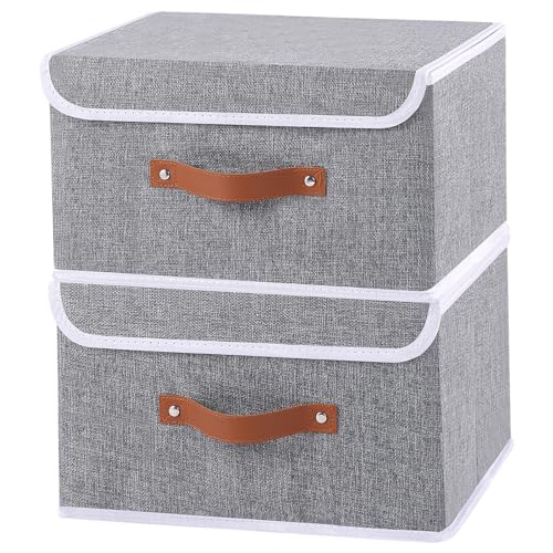 OUTBROS Storage Cubes, Fabric Foldable Boxes with Lids, Cube Cabinet Basket with Artificial Leather Handles, 33 X 23 X 20 cm, Grey, 2-Pack