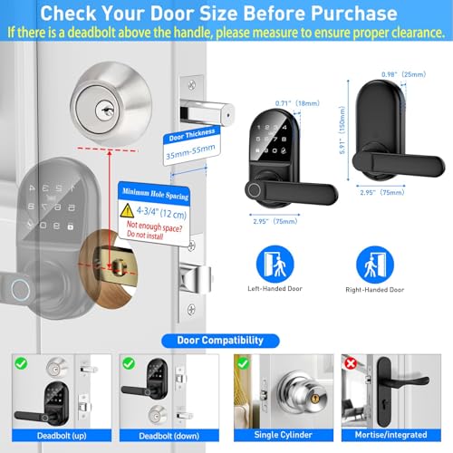 Smart keypad Door Lock with Handle，Fingerprint Keyless Entry Digital Lock with Built-in doorbell for Front Door,Bedroom, - Additional View