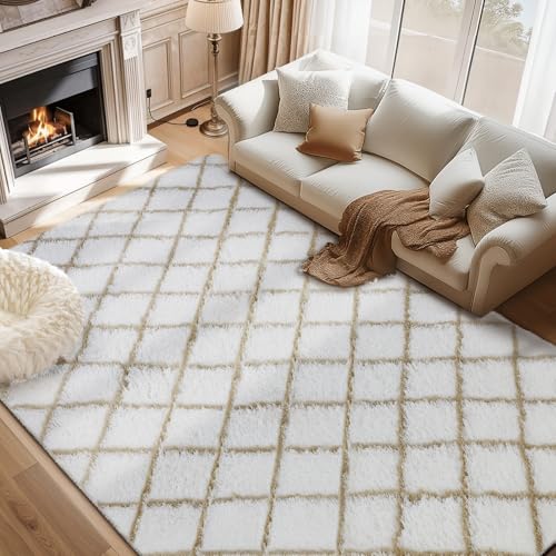 Image of TOOHUB Fluffy Rug for Bedroom, 8X10Feet Stripe Checkered Rug Anti-Skid High Pile for Living Room Bedroom Kids Room Nursery, Dorm Home Decor