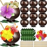 Qinyoung 48 Pcs Coconut Cups Set Include 12 Pcs 13.5oz Coconut Shell Cups, 12 Straws, 12 Turtle Leaves, 12 Hibiscus Flowers Natural Bowls Hawaiian Luau Birthday Party Favor for Drink Ice Cream
