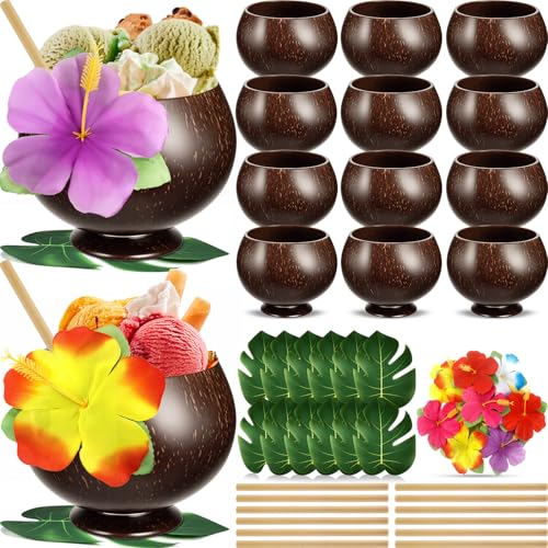 Qinyoung 48 Pcs Coconut Cups Set Include 12 Pcs 13.5oz Coconut Shell Cups 12 Straws 12 Turtle Leaves 12 Hibiscus Flowers Natural Bowls Hawaiian Luau Birthday Party Favor for Drink Ice Cream