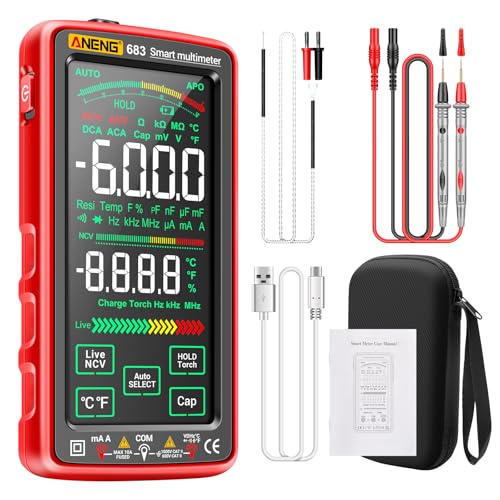 Image of Smart Multimeter, Digital Multimeter Tester with Touch Screen 6000 Counts Auto Ranging Rechargeable A Reverse Display NCV Tester with Flashlight for Electricians, DIY (Red)