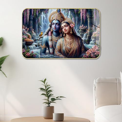 Image of Masstone Radha Krishna Crystal Embedded High Gloss Wall Painting, Golden Slim Frame, 45x30 Cm Wall Art for Living Room, Bedroom, Office & Home Decor (HG12)