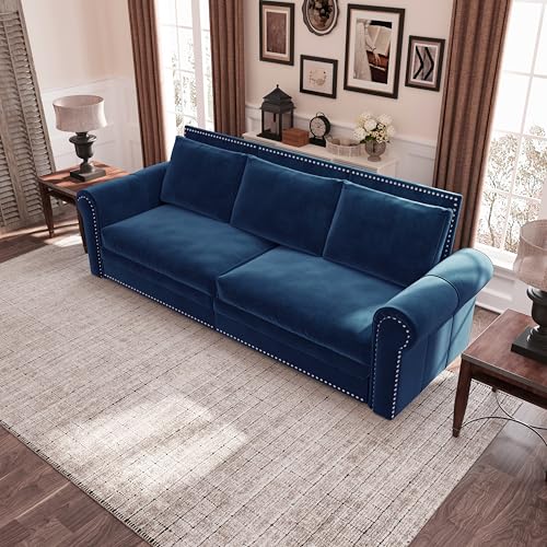 Image of Eafurn 93.7 inch King Size Pull Out Sofa Bed, 3-in-1 Convertible Sleeper Sofa Couch Bed with Nailhead Decor and Rolled Arms, Velvet Oversized Chesterfield Loveseat Chaise Lounge