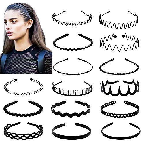 fani 15 Pcs Metal and Plastic Headband Set, Multi-style Elastic Non-Slip Hair Band Hoop Headwear, Spring Sports Headbands for Men's Hair Band Hoop Clips Black Wavy Simple Outdoors Unisex Hair Accessories