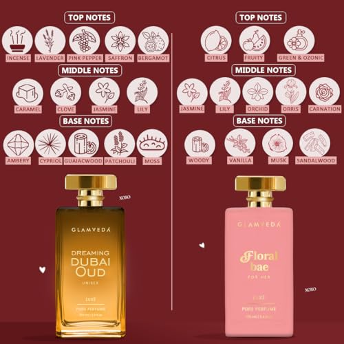 Image of Glamveda Valentine Luxury Perfume Couple Gift Set | Floral Bae & Dubai Oud Long Lasting 2x100ml | Valentine Day Gift for Her & Him | Floral, Fruity & Oud Premium Pure Perfume for Man & Woman
