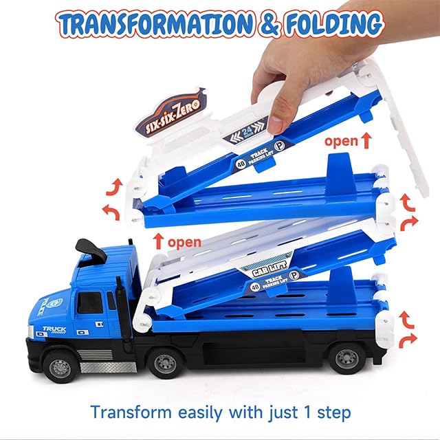 Image of Happy Hues Big Hauler Storage & Deform Truck Toy with 55 inch 2 Ejection Race Track & 6 Cars- Catapult Truck with LED Light & Music for Kids (Blue)