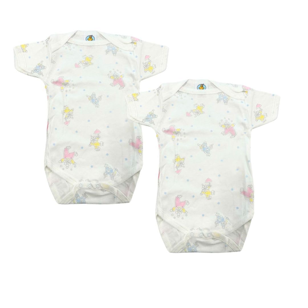 Junior Joy – 2 Pack Baby White Printed Bodysuits for 6–12 Months, Round Neck, Sleeveless, 100% Cotton, Popper Fastening for Easy Nappy Changes