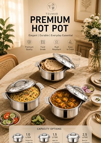 Image of Premium Stainless Steel Hot Pot Set of 3 with Lid Handle | Insulated Casserole Set for Roti, Rice, Curry & Biryani | 1L + 1.5L + 2.5L