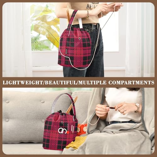 Image of Tatenale Crochet Bag Yarn Bag Knitting Project Bag with Pockets and Handle Portable Yarn Storage Organizer Tangle Free 8.3x11 InchCheckered Red14