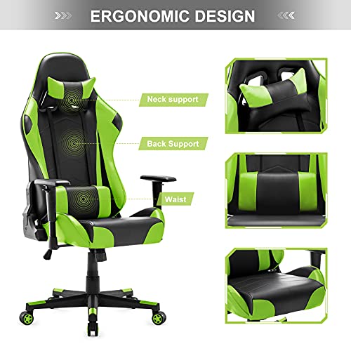 Sedia da Gaming, Ergonomica Sedia da Ufficio, Sedile Sport di Lusso Sedia Gamer, Reclinabile con Braccioli e Poggiatesta Cuscino Lombare, Sedia PC (Verde) - Sedia gaming - Immagine 6