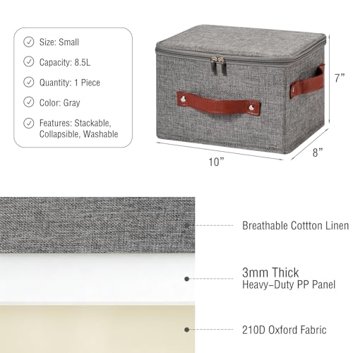 Image of Storage Bin Box with Zippered Lid Cotton Linen Fabric Decorative Basket with PU Leather Handles PP Plastic Board Foldable Lidded Clothing Shelf Closet Organizer Container (Gray, Small)
