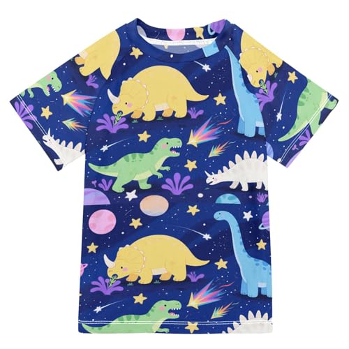 Blue Colorful Dino Stars Short Sleeve Kids Bathing Suits Girls Girls Rash Guard Swimsuit Kids Rash Guard Swim for 3-12 Years Traje de bano de Sirena para nina
