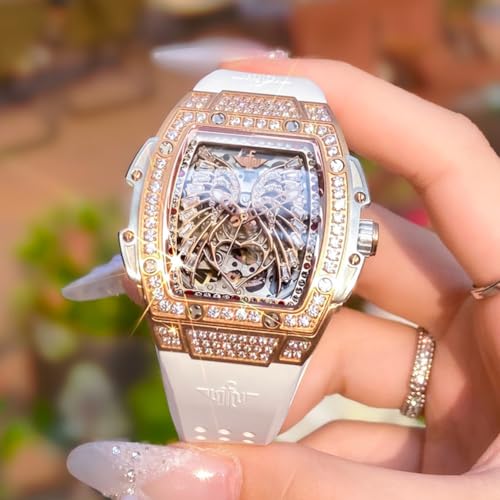 Image of OUPINKE Automatic Watches for Women Fashion Hollow Skeleton Squre Womens Watches Diamonds Rose Gold Waterproof Luminous Mechanical Ladies Watches Red White Soft Silicone Strap