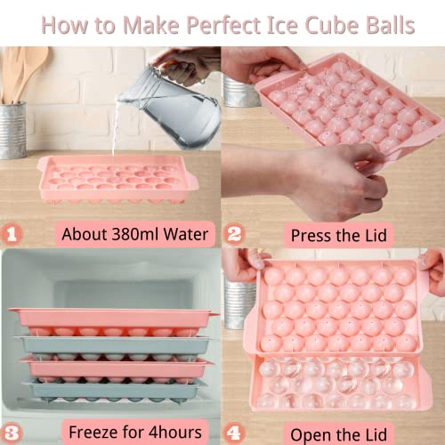 Small Circle Ice Cube Mold With Lid, 2 Pack Ice Ball Maker Mold Making 66Pcs Sphere Ice Release Easily Stackable Mini Round Ice Cube Tray Chill Cocktail Whiskey Juice (Blue & Pink) #TOP4