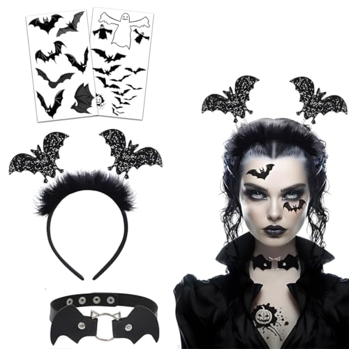 WUSJCOF Set Accessori Costume Vampiro Donna con Cerchietto, Collana e Tatuaggi per Halloween, Carnevale, Gotico, Vampiro