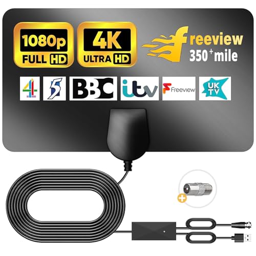 Digital TV Aerial 550+ Miles Long Range - Amplified HD TV Antenna Indoor for Freeview TV Support 4K 1080P (Black)
