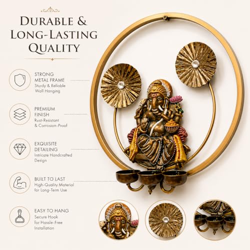 Image of STREET CRAFT - Metal Ganesha Wall Hanging with Diya Stand Golden Ring Frame Spiritual Decorative Item for Home Temple Living Room Festive Use (Size 15x15 Inch)