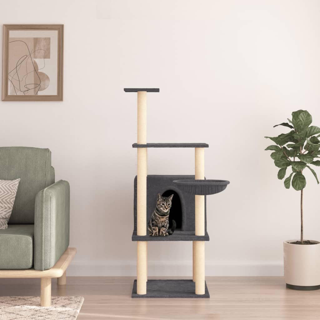 Rascador para gatos, 132 cm, color gris oscuro con troncos de sisal | Torre para gatos de varios pisos para el salón con cueva y cesta para el cuidado de las garras y la relajación.
