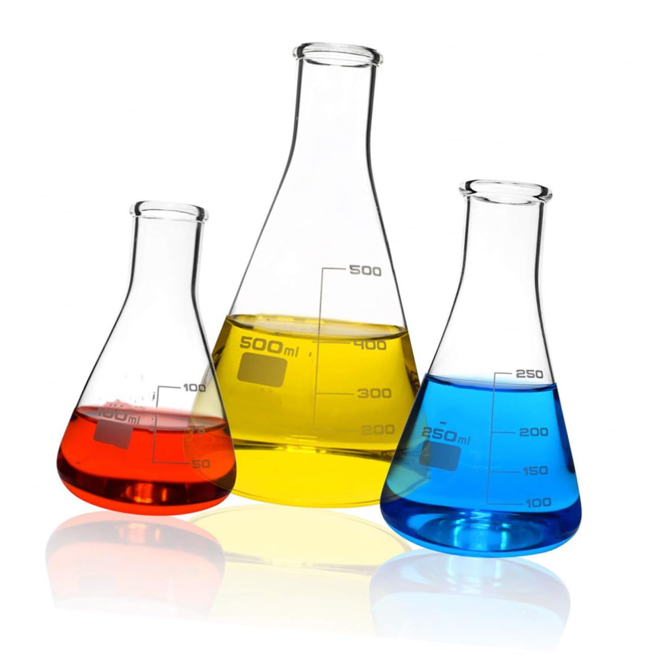 Ciieeo Lot de 3 Fioles Erlenmeyer en Verre Borosilicate Épais 100ml 250ml 500ml, Flacons Coniques Gradués à Col Étroit, Fond Plat, pour Laboratoire Scientifique et Éducation